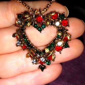 Heart Shaped Wreath Brooch Pendant Necklace with Red Green and White Crystals
